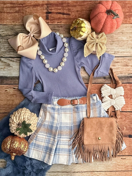 Blue Turtleneck & Plaid Set