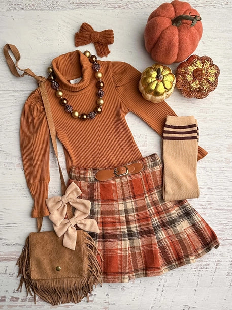 Autumn Turtleneck & Plaid Skirt Set