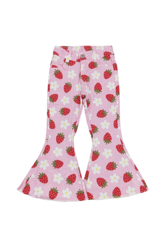 Pink strawberry print bell denim jeans